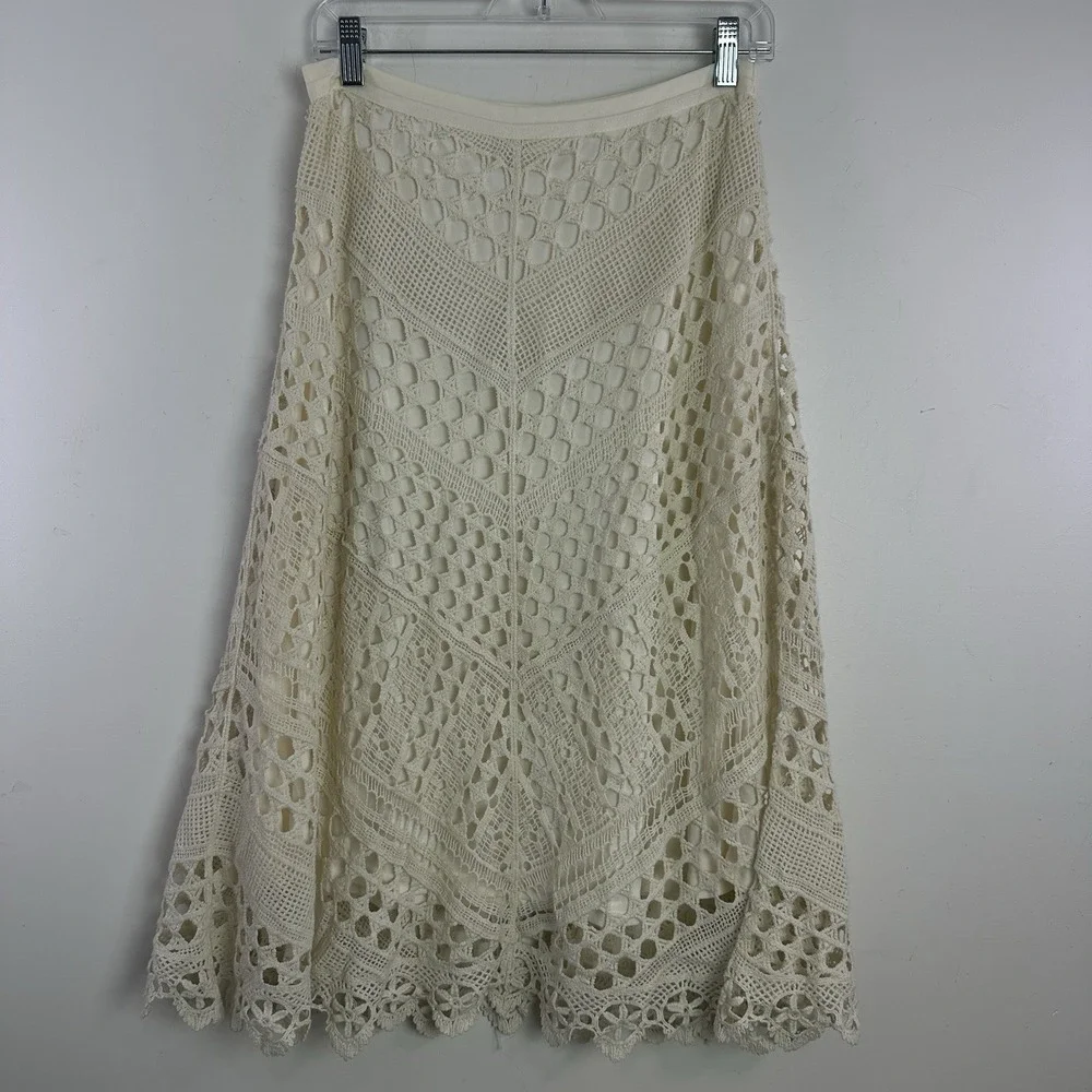 Crochet Lace Pull On Midi Skirt Womens XL Ivory Festival Fairy Boho Western - Picture 2 of 6